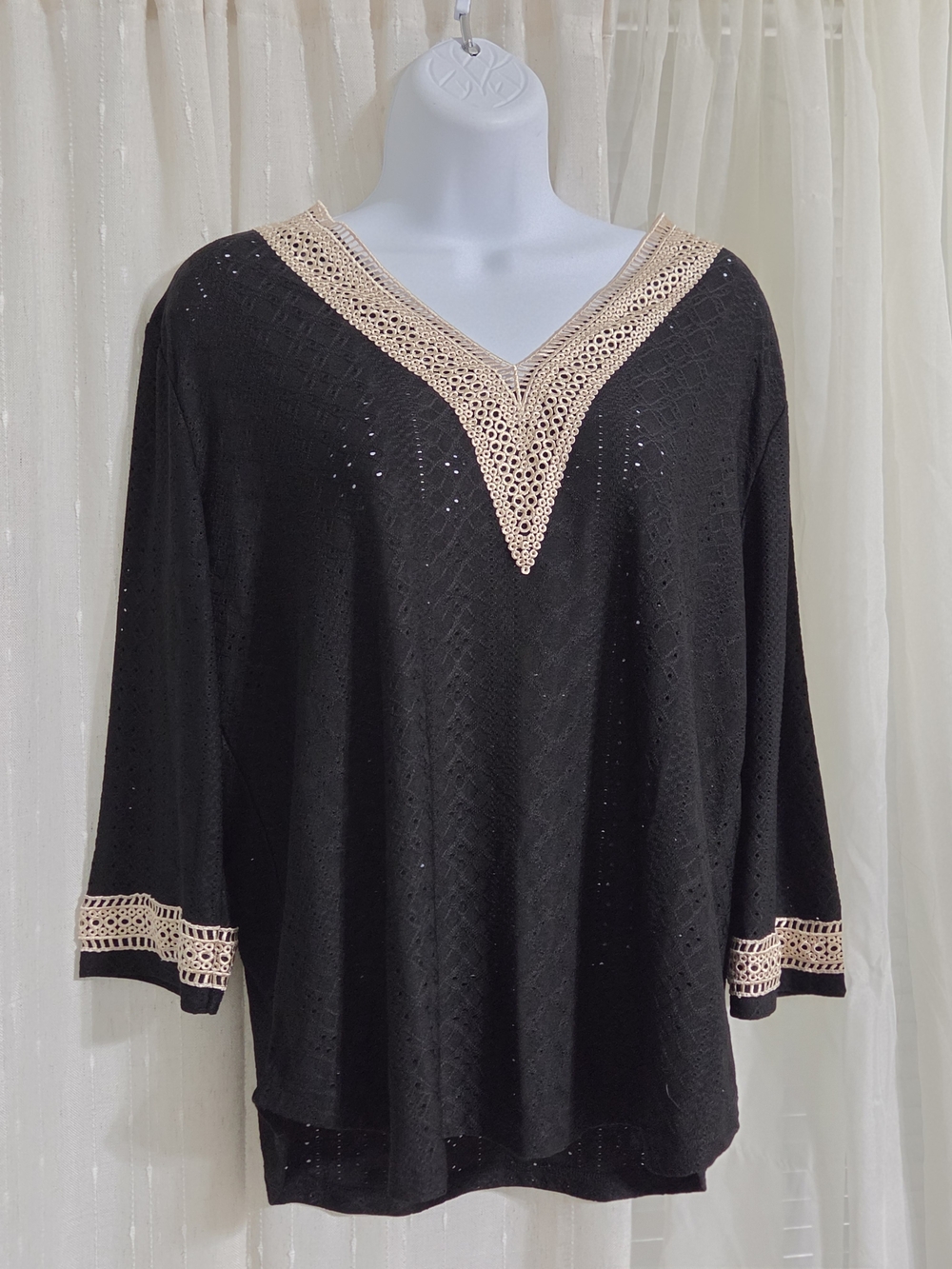 Liofoer Black V-Neck Tunic with Beige Crochet Trim
